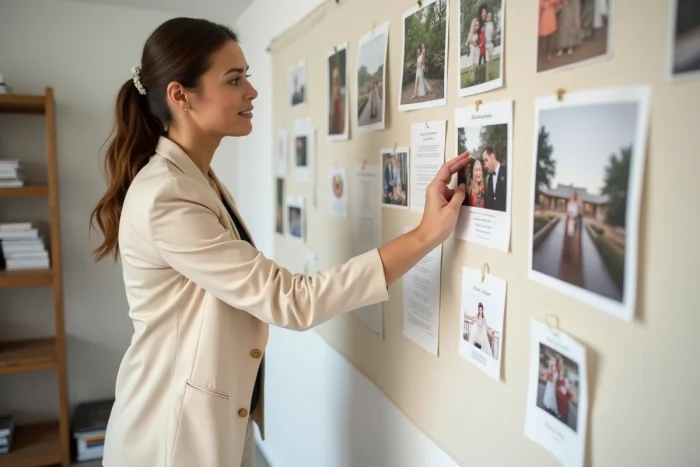 Wedding planner présentant un moodboard de tendances mariage dans un studio de planification moderne avec échantillons de tissus et références florales