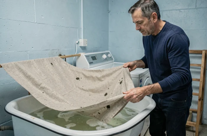 Homme traitant une curtain en lin avec une solution de vinaigre blanc pour éliminer la moisissure sans javel